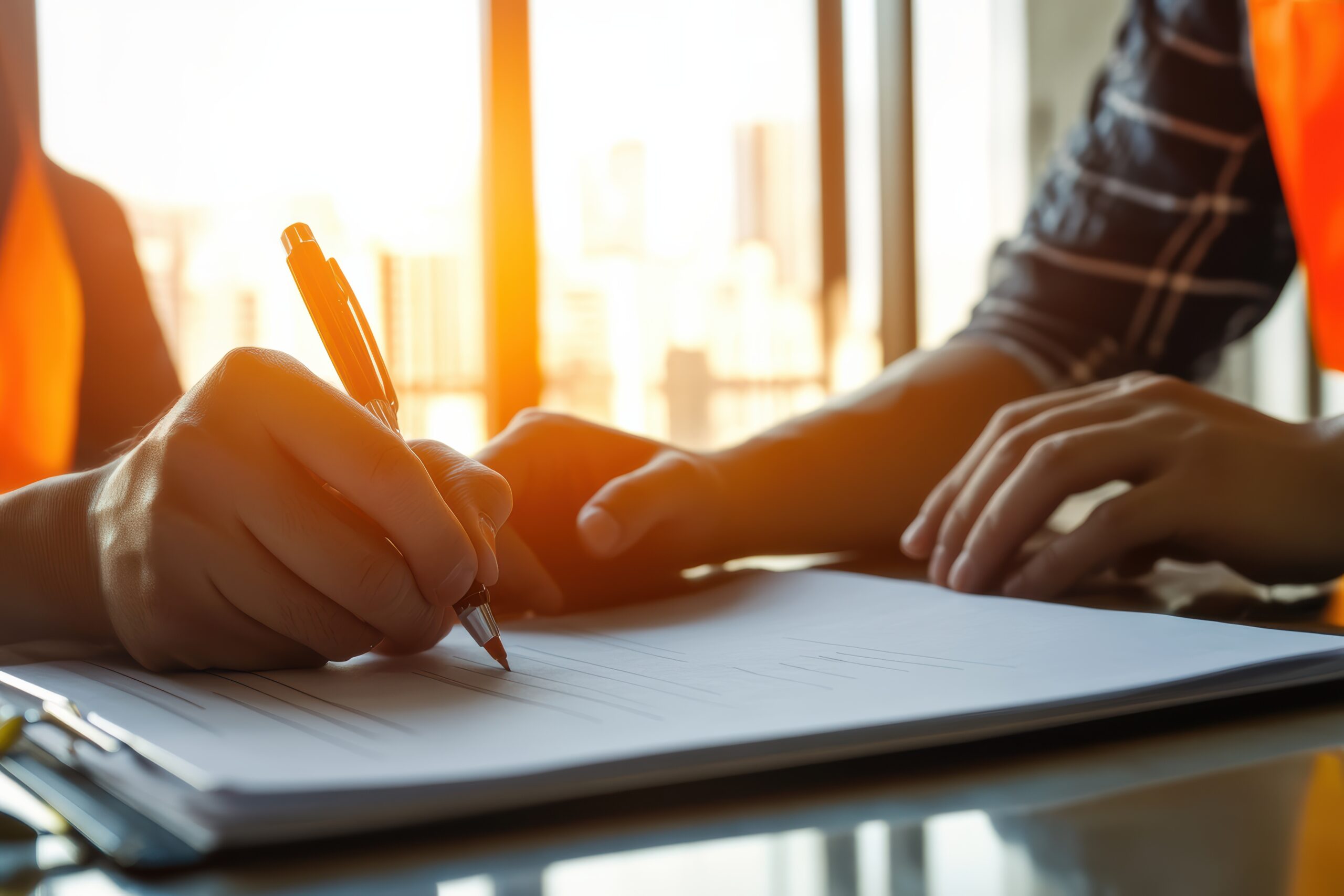 Worker completing accident report after injury at construction site during evening hours
